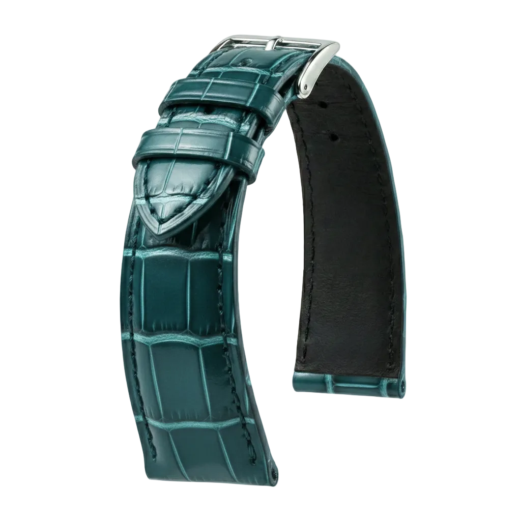 Bracelet montre cuir alligator vert brillant avec boucle ardillon, accessoire montre luxe