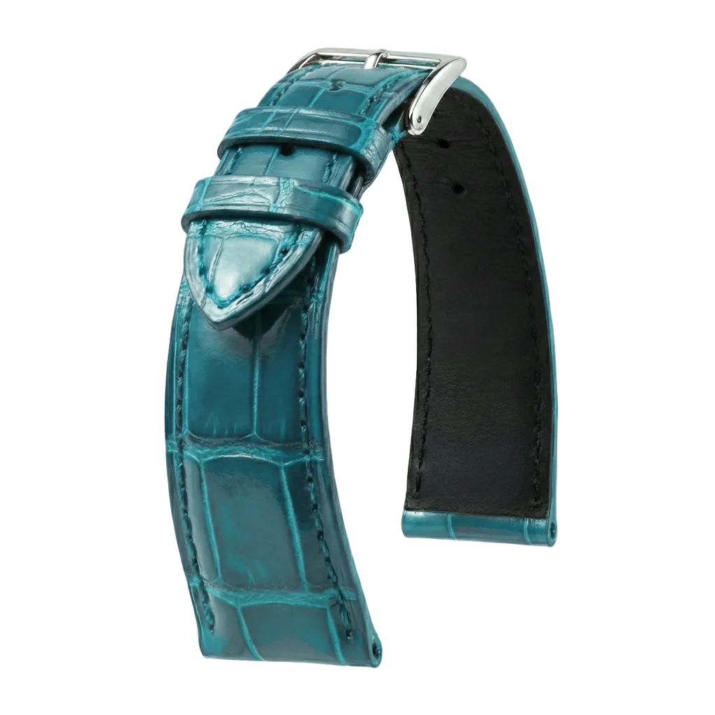 Bracelet de montre bleu brillant effet alligator avec boucle ardillon en métal argenté