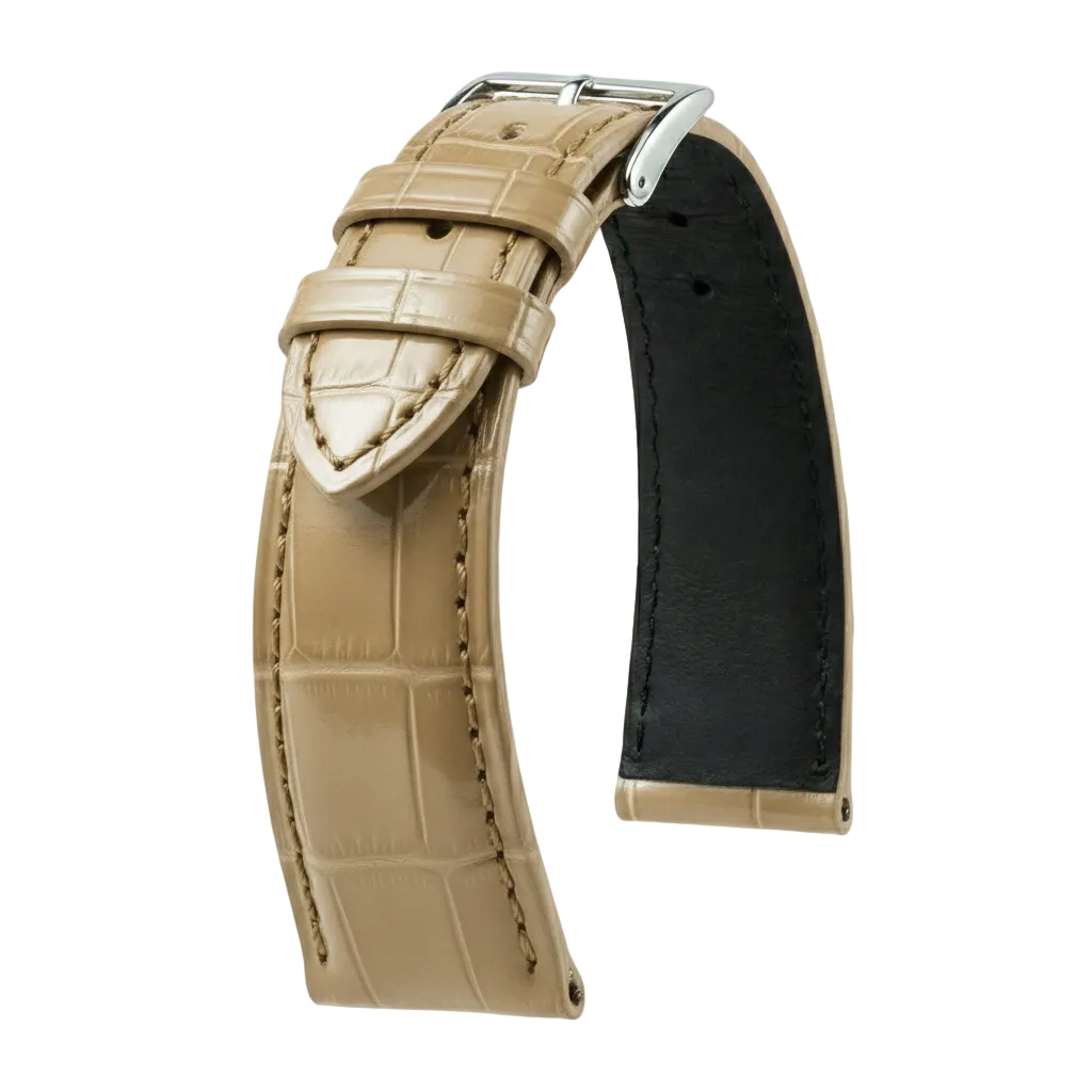 Bracelet de montre cuir beige alligator brillant avec boucle ardillon, accessoire luxe
