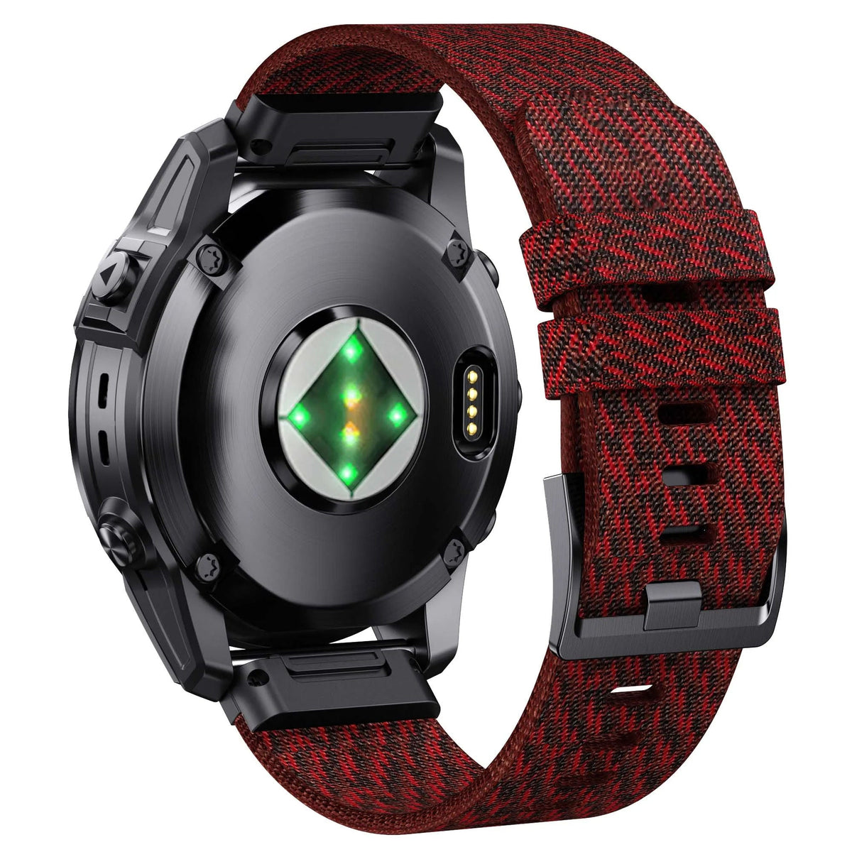 Bracelet nylon élastique rouge jacquard porté sur montre Garmin QuickFit - KronoKeeper