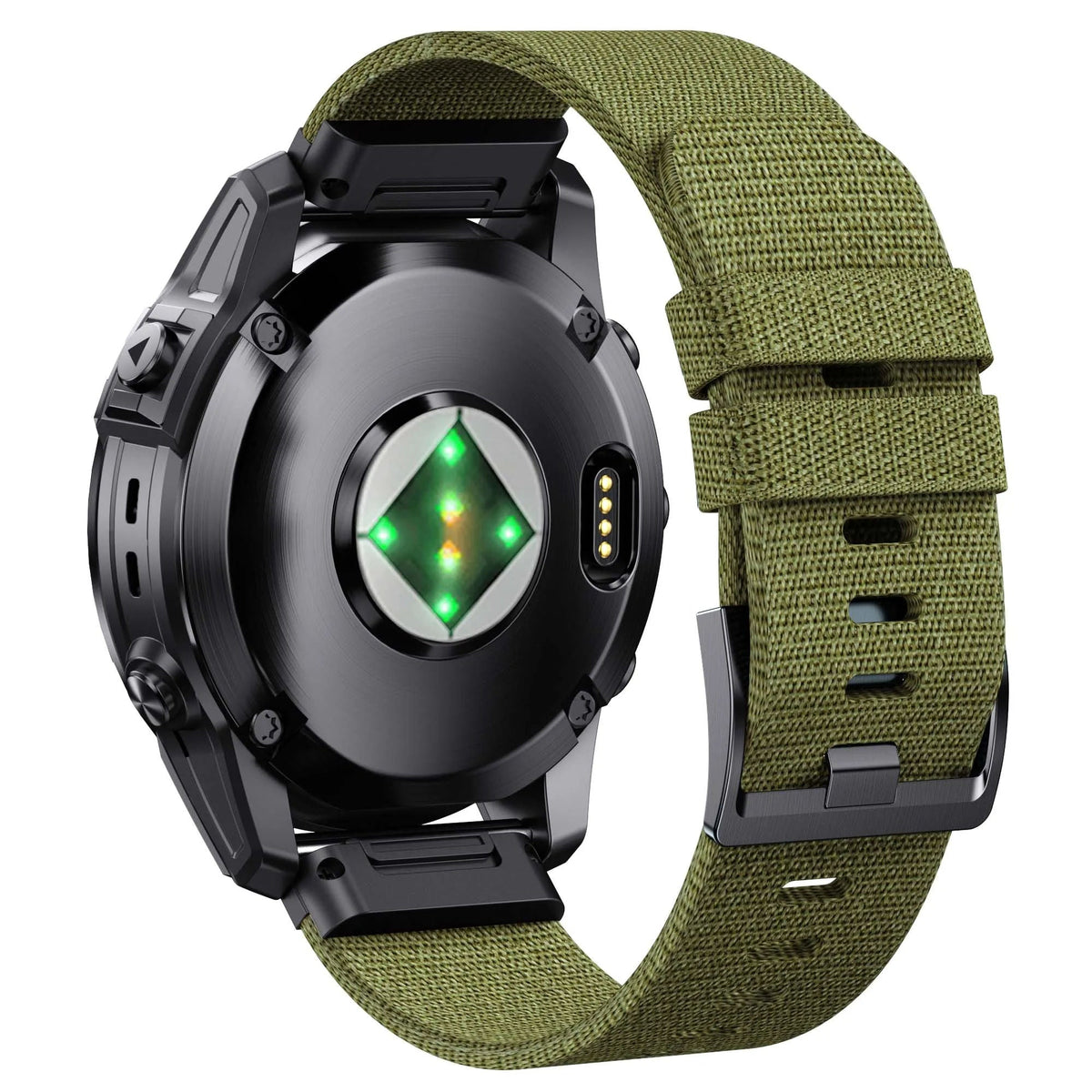 Bracelet nylon élastique kaki porté sur montre Garmin QuickFit - KronoKeeper
