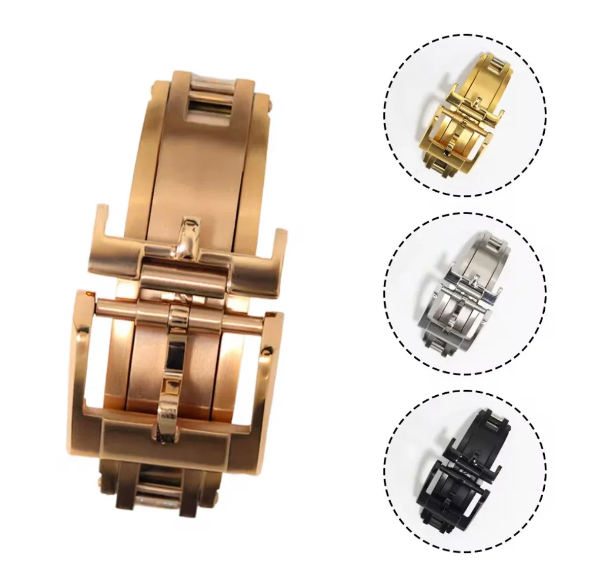 Boucle déployante pour bracelet de montre en acier, disponible en or, argent et noir, accessoire luxe misterchrono.com