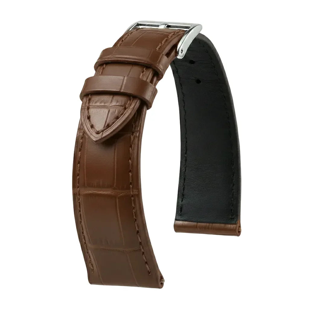 Bracelet montre cuir marron mat effet alligator avec boucle ardillon argentée