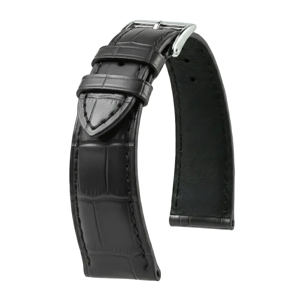 Bracelet montre cuir noir mat style alligator avec boucle argentée pour montre de luxe