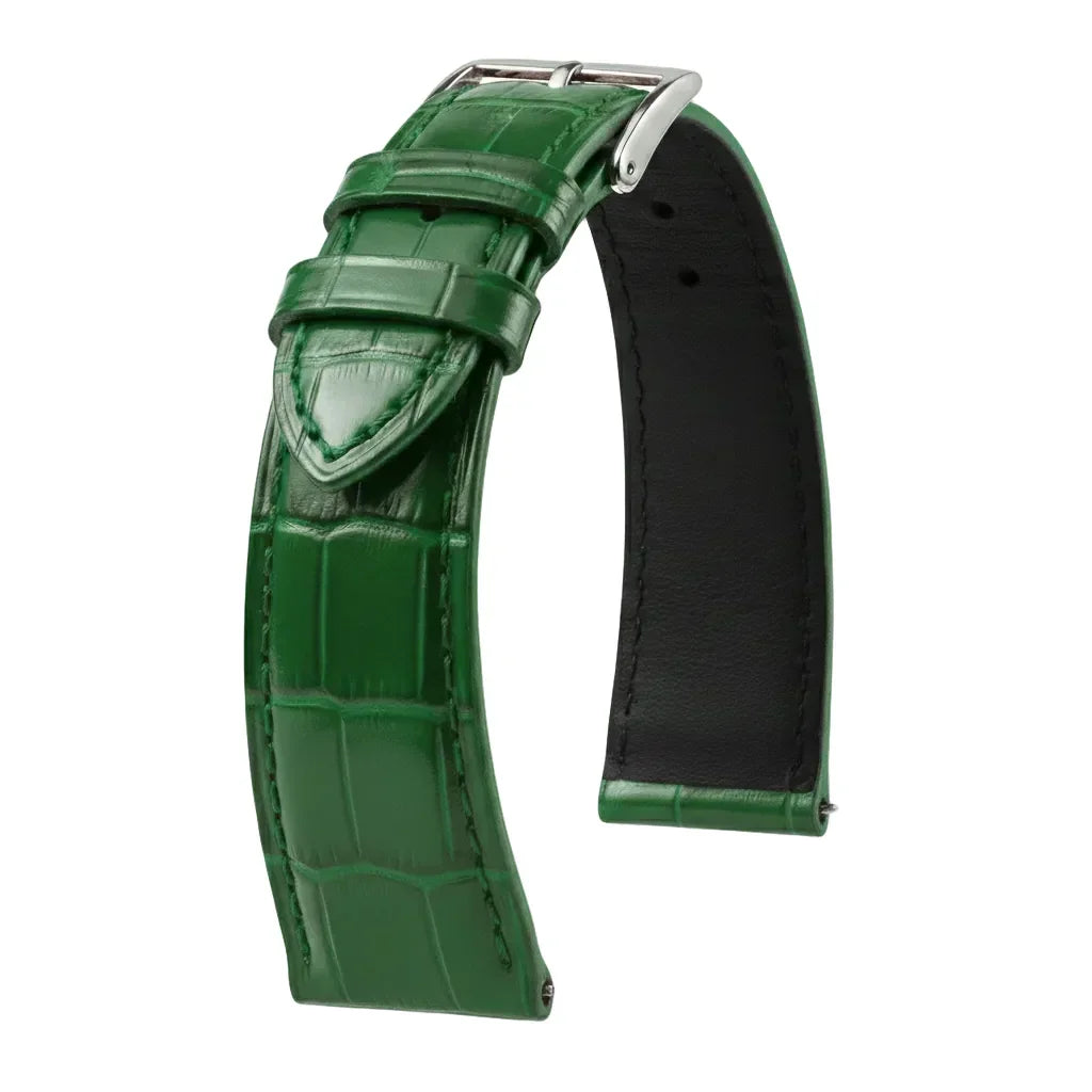 Bracelet montre cuir vert mat style alligator avec boucle argentée, accessoire luxe