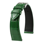 Bracelet montre cuir vert mat style alligator avec boucle argentée, accessoire luxe