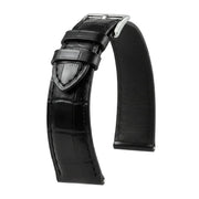 Bracelet de montre en cuir mat noir effet alligator avec boucle argentée, accessoire luxe.
