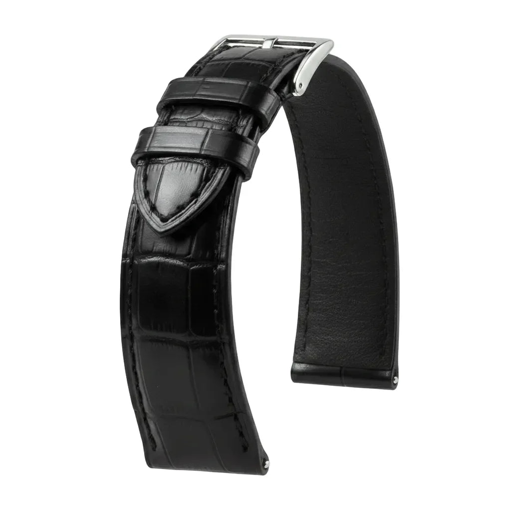 Bracelet de montre en cuir mat noir effet alligator avec boucle argentée, accessoire luxe.